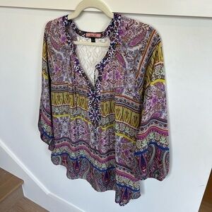 Olive Hill Multicolor Paisley Women's Blouse Bubble Sleeve Lace Back Large